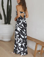Abstract Geometric Print Strapless Satin Maxi Dress