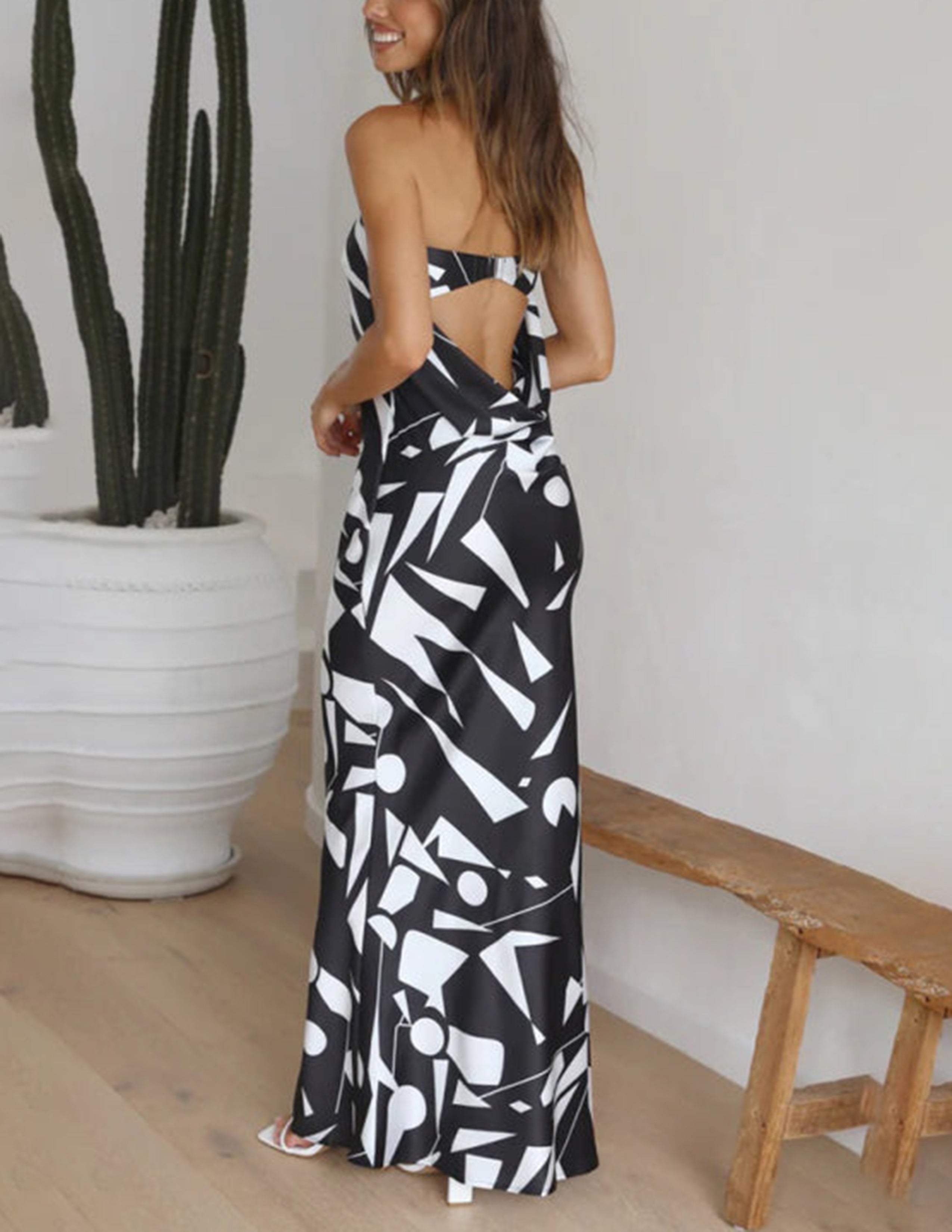 Abstract Geometric Print Strapless Satin Maxi Dress