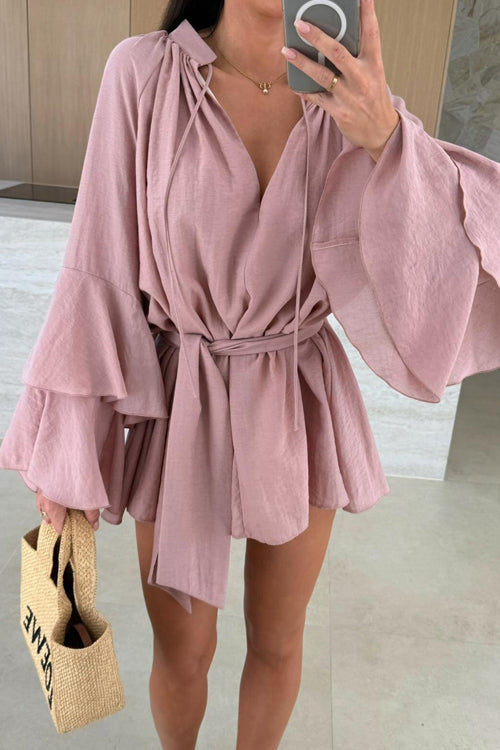 Textured Bell Sleeve Tie Waist Deep V-Neck Romper