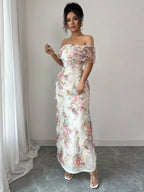 Printed Textured Fabric Off Shoulder Ruffle Maxi Dresses