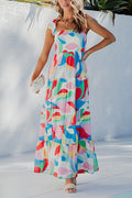 Bow Shoulder Ruffle Tiered Printed Flowy Maxi Cami Dress