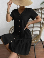 Single Row V-neck Loose-fit Short Sleeve Mini&Short Dresses