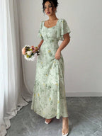 Floral Lotus Leaf Sleeves Sweetheart Collar Vacation And Leisure Maxi Dresses