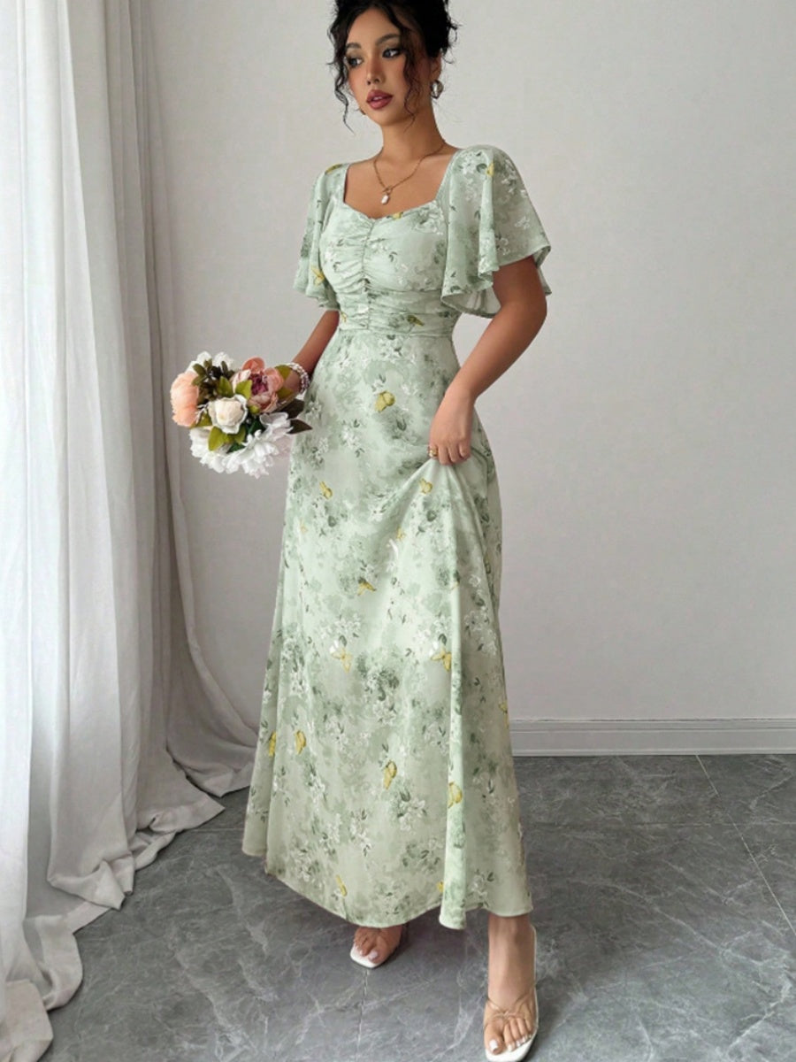 Floral Lotus Leaf Sleeves Sweetheart Collar Vacation And Leisure Maxi Dresses