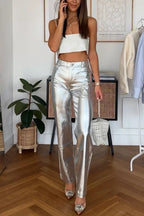 High Rise Metallic Faux Leather Cropped Pants