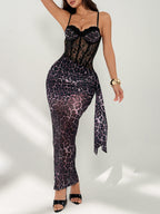 Leopard Print Lace Patchwork See-through Fishbone Pleated Ribbons Maxi Dresses