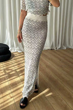 High Rise Zigzag Patterned Side Slit Maxi Skirt