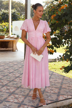 Plisse Texture Puff Sleeve Ruched Waist Button Front Maxi Dress