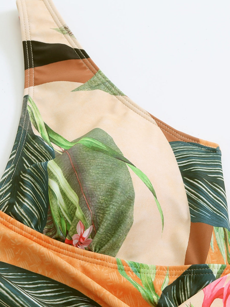 One-piece Swimsuit With Cross-over Print, Revealing Backpack And Hip-revealing Long Skirt (two-piece Set)