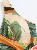 One-piece Swimsuit With Cross-over Print, Revealing Backpack And Hip-revealing Long Skirt (two-piece Set)