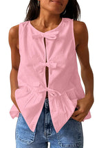 Bow Front Sleeveless Cotton Linen Ruffle Top(in 6 Colors)