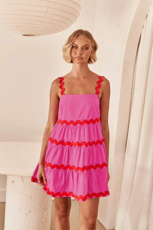 Square Neck Scalloped Ric Rac Trim Tiered Babydoll Mini Dress