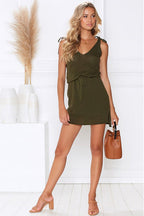 Tie Shoulder Drawstring Waist Textured Knit Mini Dress