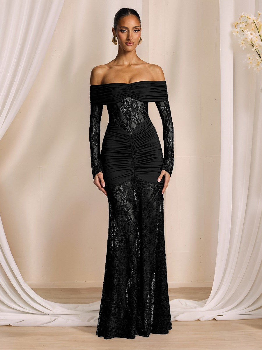 Off Shoulder Hollow Lace Splicing Long Sleeve Hip-hugging Maxi Dresses