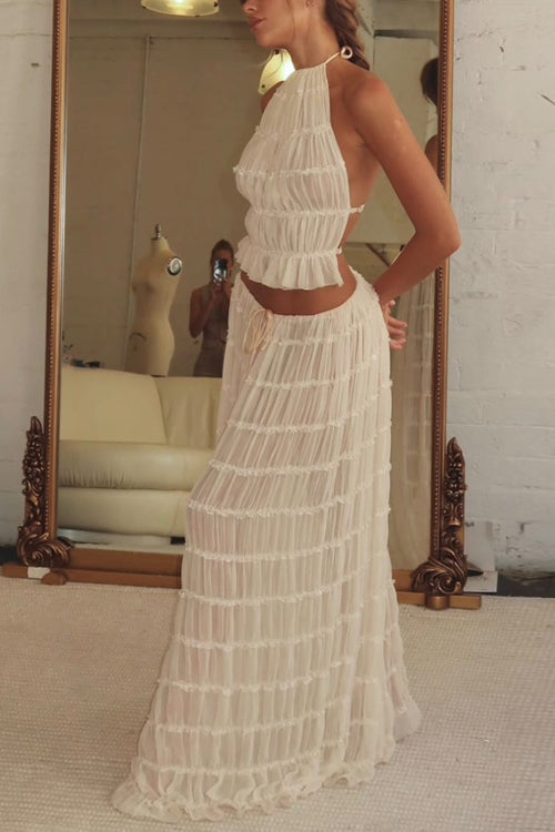Halter Backless Crop Top Pleated Maxi Skirt Set
