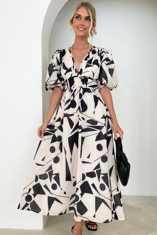 Abstract Geometric Print Deep V-Neck Puff Sleeve Cinched Waist Maxi Dress