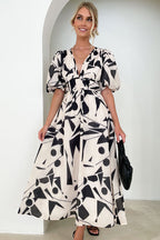Abstract Geometric Print Deep V-Neck Puff Sleeve Cinched Waist Maxi Dress
