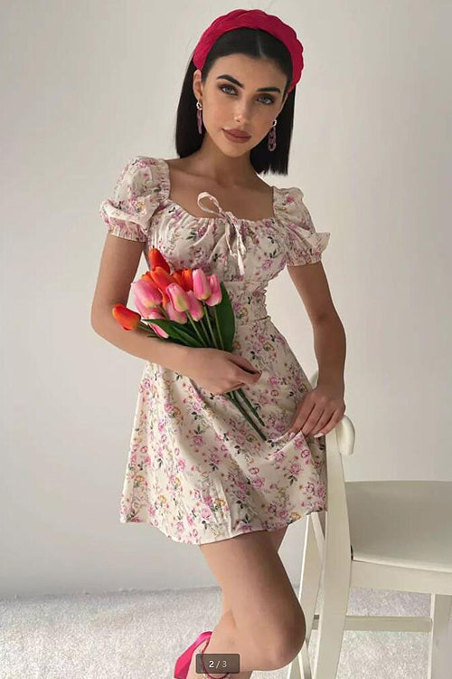 Square Neck Tie Front Puff Sleeve Ditsy Floral Milkmaid Mini Dress