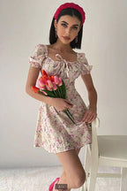 Square Neck Tie Front Puff Sleeve Ditsy Floral Milkmaid Mini Dress