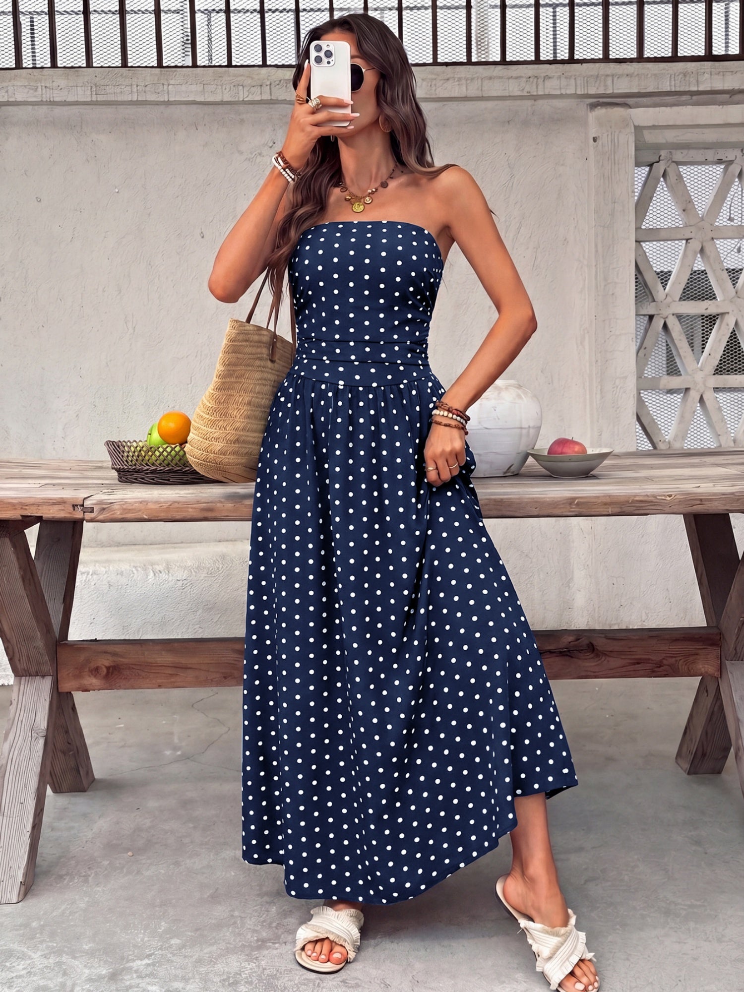Polka Dots Tucking And Waist-cinching Strapless Maxi Dresses