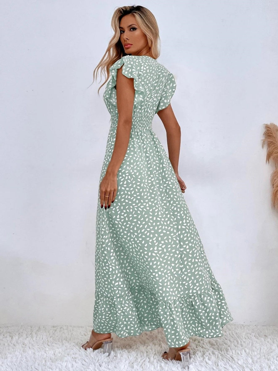Floral Lotus Leaf Sleeves V-neck Vacation And Leisure Maxi Dresses