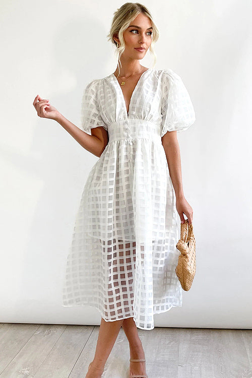 Puff Sleeve Sheer Grid Check Empire Waist Button Front Midi Dress