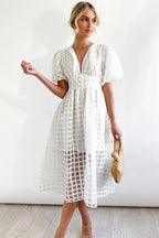 Puff Sleeve Sheer Grid Check Empire Waist Button Front Midi Dress