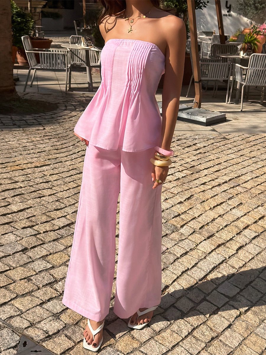 Pink Vacation-style Strapless Top And Trousers Two-piece Set