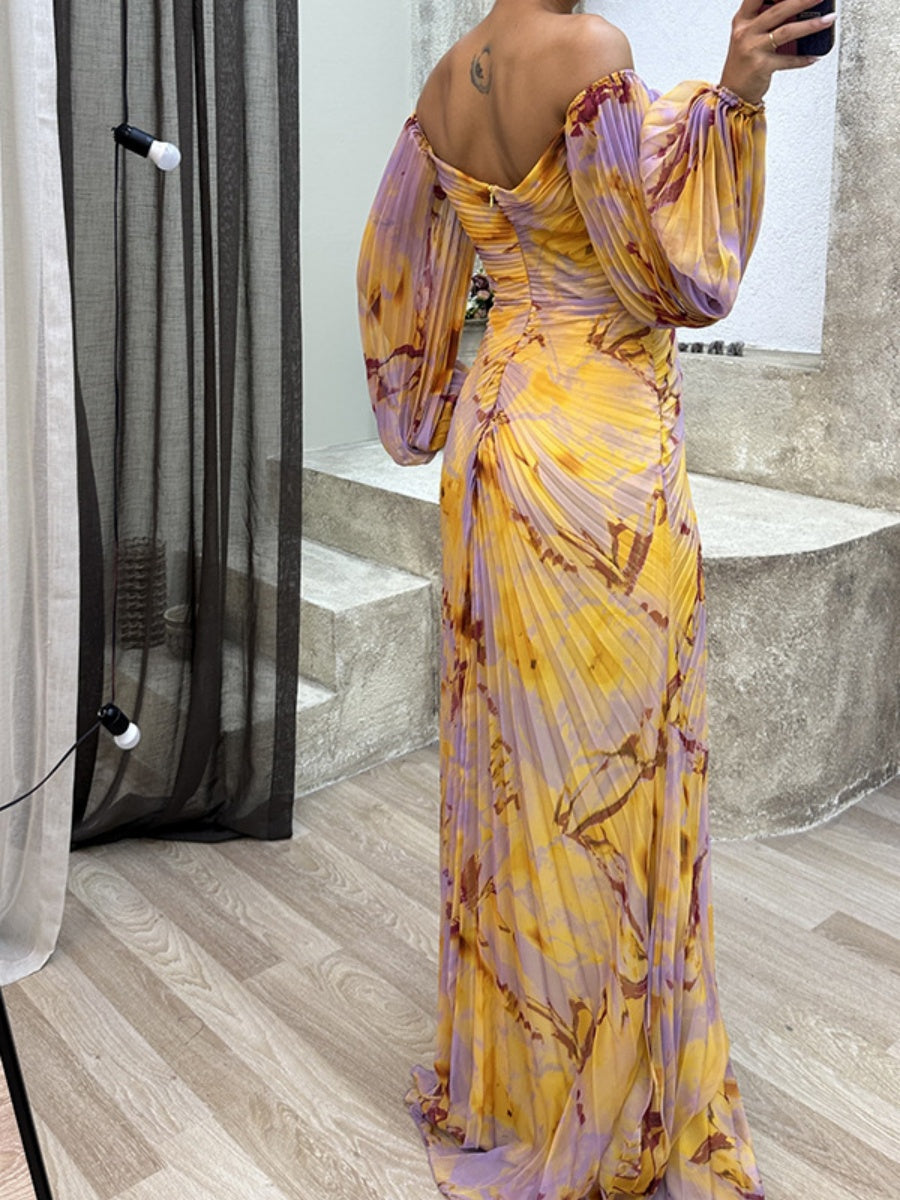 Crimp Long Sleeve Floral Printed Reunion Maxi Dresses