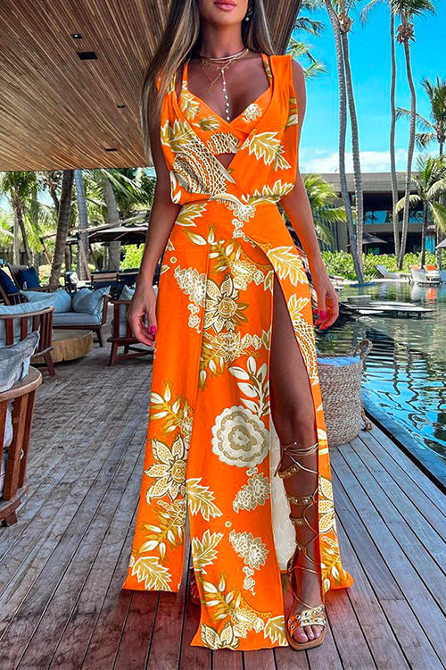 V Neck High Slit Maxi Cover Up Dress with Crop Cami Top Beach Set