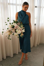 One Shoulder Cowl Neck Draped Satin A-Line Midi Dress