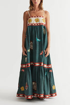 Spaghetti Strap Backless Printed Swing Maxi Sun Dress