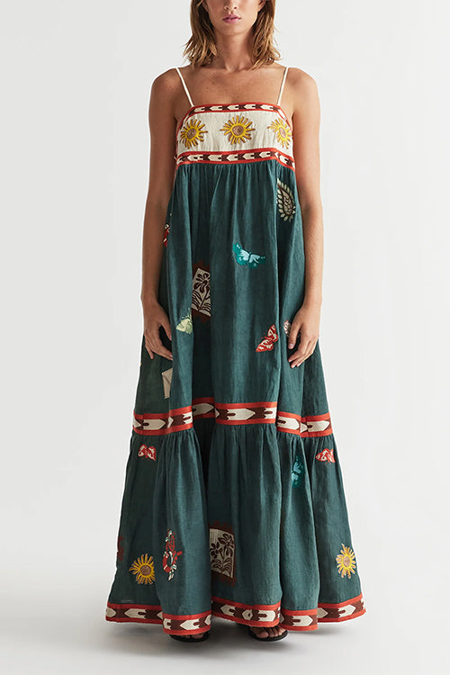Spaghetti Strap Backless Printed Swing Maxi Sun Dress