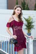 Cold Shoulder Floral Lace Spaghetti Strap Chiffon Ruffle Tiered Hem Wrap Mini Dress