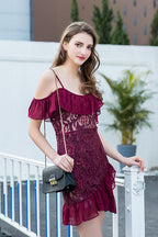 Cold Shoulder Floral Lace Spaghetti Strap Chiffon Ruffle Tiered Hem Wrap Mini Dress