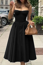 Corset Bustier Spaghetti Strap Basque Waist Gathered Full Midi Dress