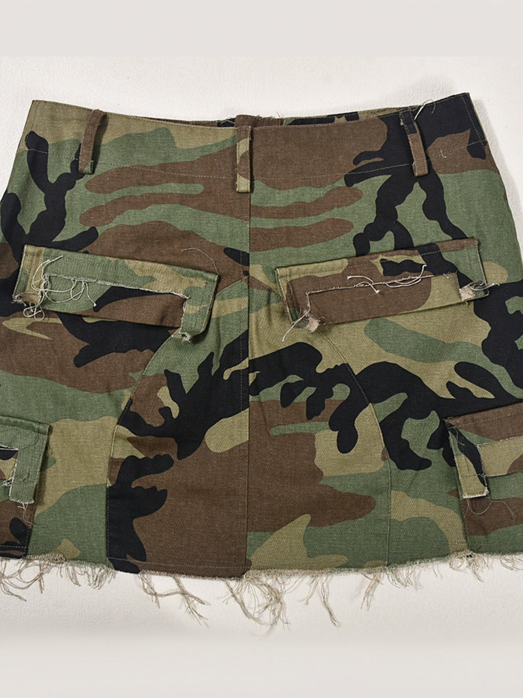 Camouflage Buttons Wear And Tear Pocket Washed Denim Mini Skirt