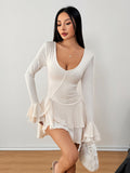 V-neck Long Sleeve Ruffle Mini&Short Dresses