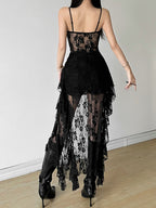 Lace See-through Ruffle Irregular Hem Camisoles Mini&Short Dresses