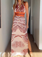 Plants And Flowers Printed Lace Up V-neck Halter Maxi Dresses