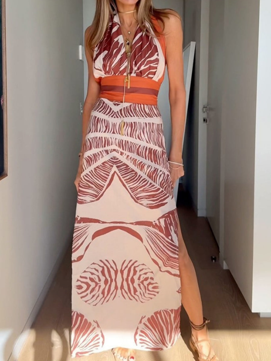Plants And Flowers Printed Lace Up V-neck Halter Maxi Dresses
