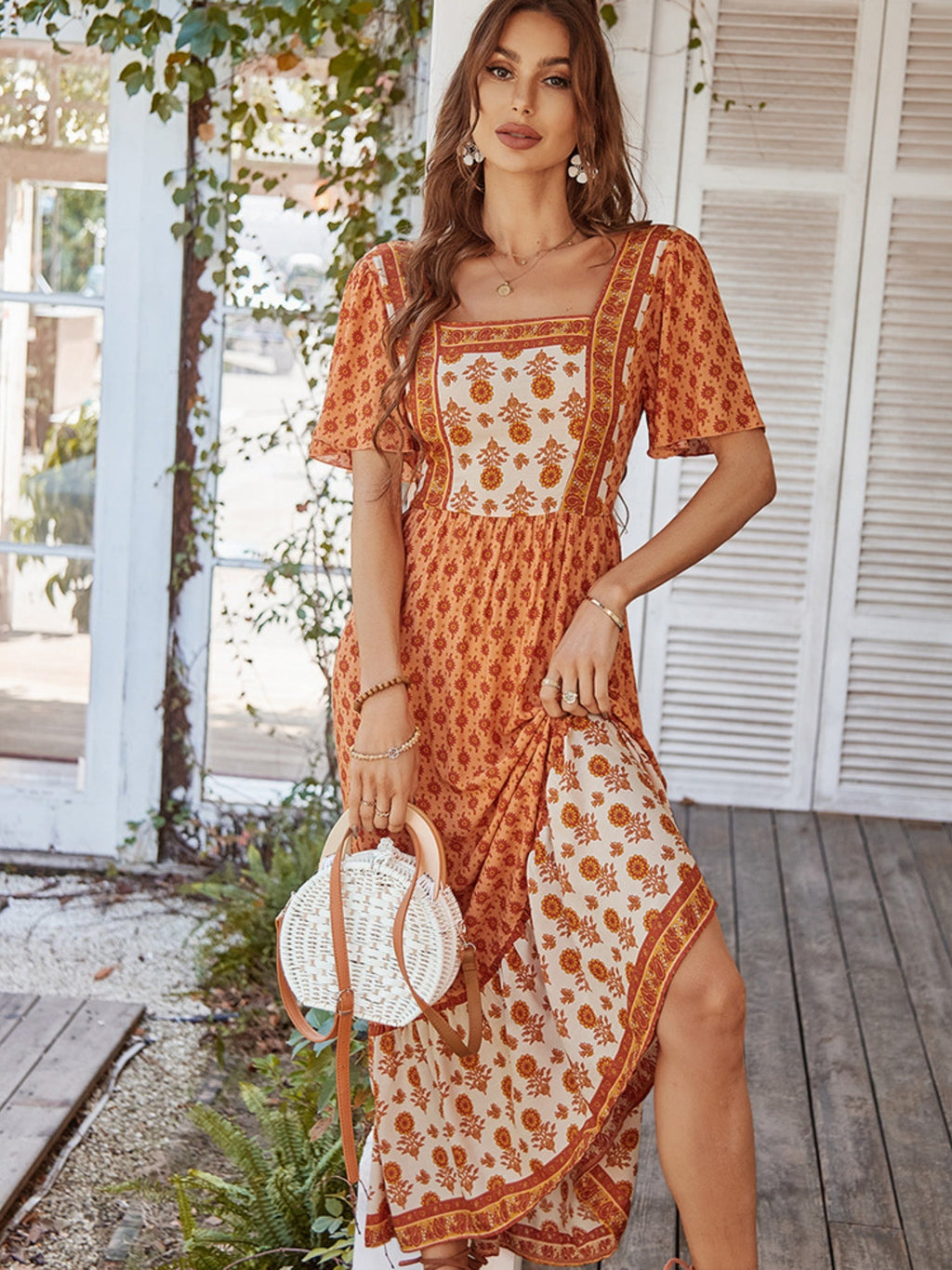 Printed Color-blocked Square Neck Short Sleeve Maxi Dresses