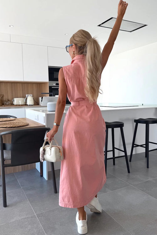 Denim Collar Button Down Belted Pocket Flap Sleeveless Maxi Shirt Dress