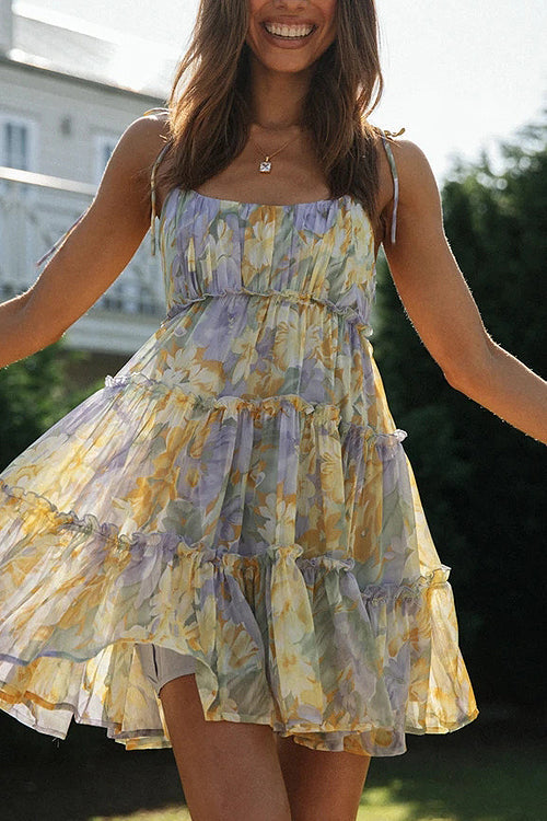 Floral Print Tie Shoulder Square Neck Tiered Ruffle Mini Dress