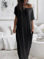 Sloping Shoulders Pocket Straight-fit Loose-fit Maxi Dresses
