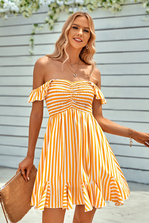 Off-the-Shoulder Smocked Vertical Striped Ruffle Hem Mini Dress