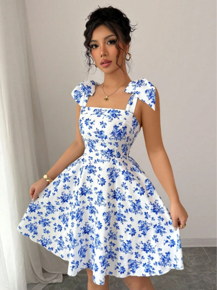Waist V-neck Bandage Camisoles Printed Vacation And Leisure Mini&Short Dresses
