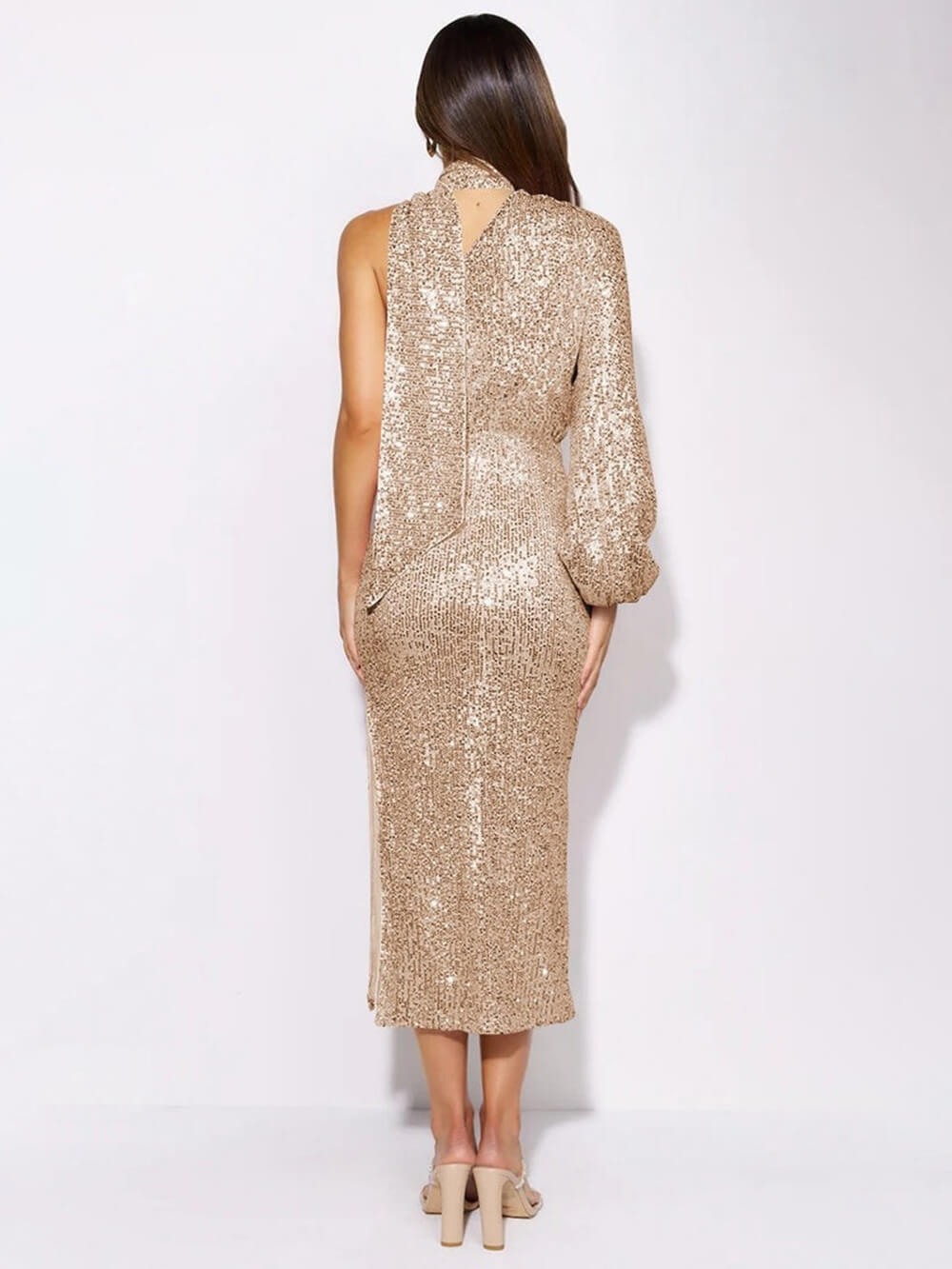 Sequin One-Shoulder Mock Neck Puff Sleeve Asymmetric Midi Dress