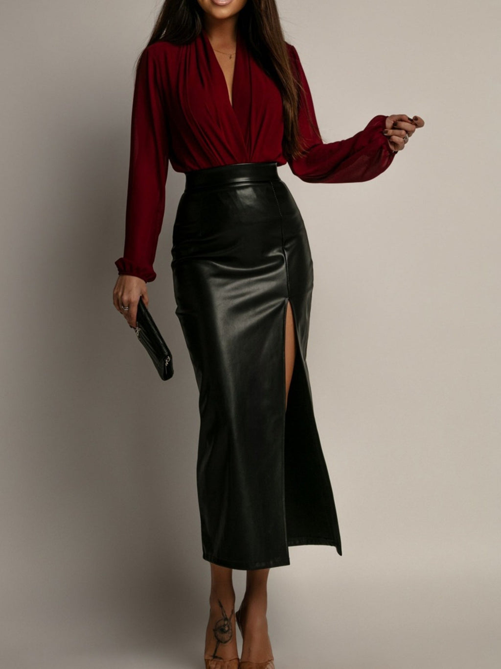 PU Leather High-waisted Side Slit Longline Skirts
