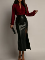 PU Leather High-waisted Side Slit Longline Skirts